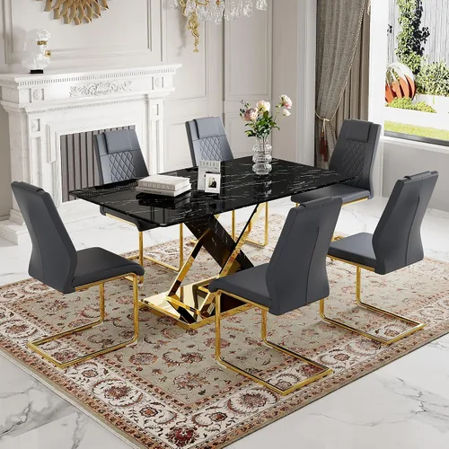 Miniatura 12 de Juego de mesa de comedor de mármol para mesa rectangular blanca de 4.63 pulgadas con marco de metal plateado en forma de X y 4 sillas de comedor