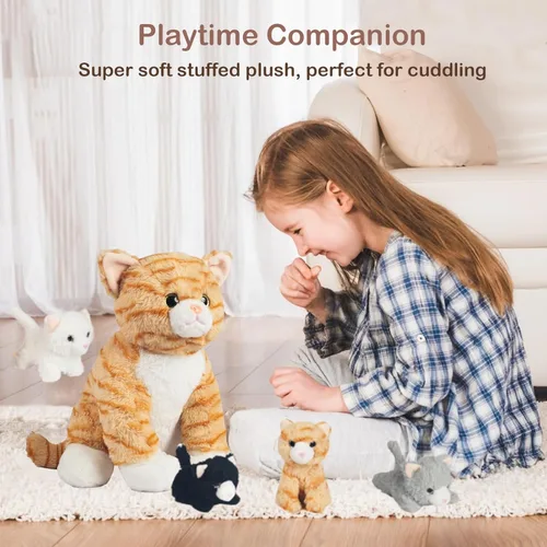 Miniatura 9 de 5 piezas de animales de peluche de gato con bebés, 12 pulgadas, mamá de peluche con 4 gatitos dentro del vientre, peluche de gato atigrado naranja