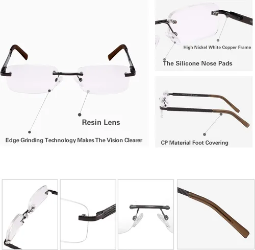 Miniatura 4 de Paquete de 3 lentes de lectura sin montura para hombres, con bloqueo de luz azul, bisagra de resorte, brazos de metal, resistentes y elegantes