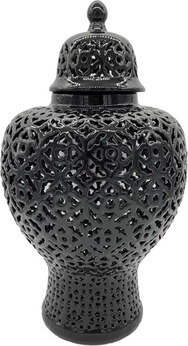 Galt International Tarro de jengibre de celosía tallado a mano de 23 pulgadas con tapa, decoración del hogar de porcelana con intrincada decoración