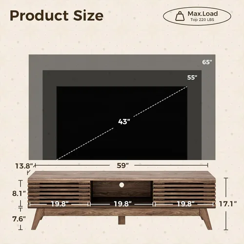 Miniatura 3 de AODK Soporte de TV de 59 pulgadas para televisores de 55/60/65 pulgadas, moderno centro de entretenimiento acanalado de mediados de siglo