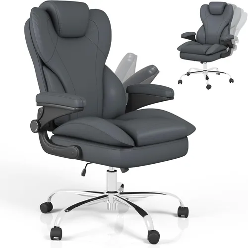 Miniatura 10 de Hovos Silla de oficina, ergonómica grande y alta silla de cuero de escritorio con brazos abatibles acolchados, bloqueo de inclinación ajustable
