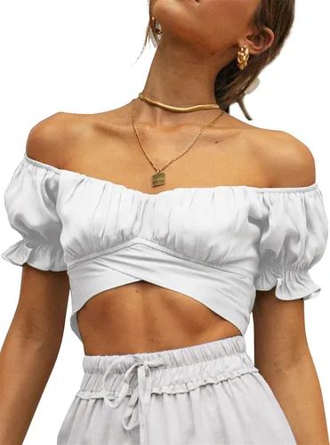Miniatura 4 de LYANER - Blusa ombliguera para mujer de manga corta con volantes nudo en la espalda y hombros descubiertos blusa estilo Bardot