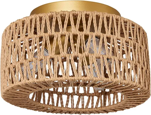 Miniatura 9 de Lámparas de techo de ratán, montaje en techo, 3 luces, lámpara de techo de montaje empotrado estilo boho, lámpara de sombra de jaula tejida a mano