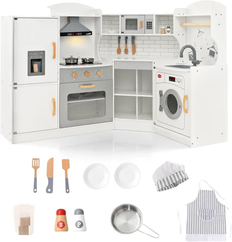 Juego de cocina de esquina de madera para niños con luces y sonidos, juego de cocina de juguete con traje de chef, cocina para niños pequeños con