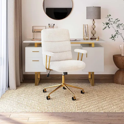 Miniatura 2 de Elegante silla de oficina mullida blanca y dorada con tela texturizada Boucle, moderna silla de escritorio con asiento acolchado, altura ajustable