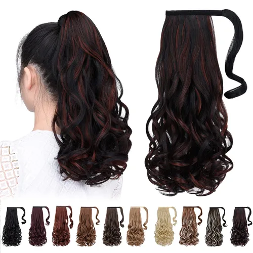 Miniatura 38 de Extensiones de cabello para cola de caballo, extensión de cola de caballo roja de 16 pulgadas, corta, ondulada, rizada, envolvente, cola de caballo
