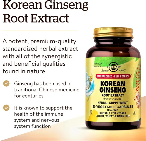 Miniatura 3 de Solgar, Extracto de Raíz de Ginseng Coreano de Máxima Potencia Estandarizado, Cápsulas Vegetales, E4138, 1, 1