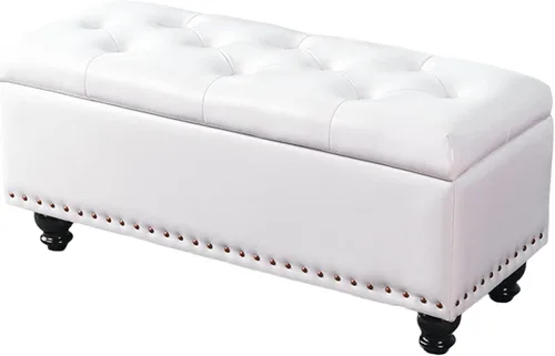 Otomana de almacenamiento, banco de entrada con botones de piel sintética con almacenamiento, taburete para cambiar zapatos, baúl de juguete Blanco