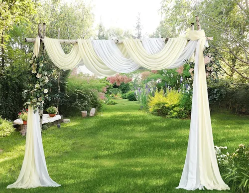 Miniatura 8 de Warm Home Designs - Cortina de gasa para arco de boda de color blanco y azul polvoriento. Par de decoraciones de arco de boda de lujo de 216