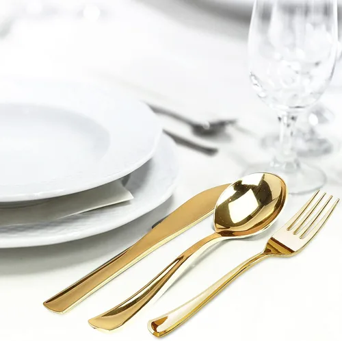 Miniatura 7 de FORKED - Cuchillos desechables de plástico dorado de 50 piezas, cubiertos de alta resistencia, cuchillos de sopa duraderos y desechables