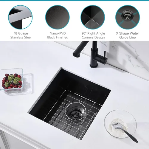 Miniatura 4 de Fregadero de cocina negro de 15 x 16 x 9 pulgadas, fregadero de cocina pequeño de acero inoxidable negro para preparación debajo del fregadero