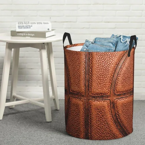 Miniatura 7 de Cesta redonda de baloncesto para ropa sucia, cesta de almacenamiento con textura de bola, juguetes, organizador de ropa, para el hogar, baño