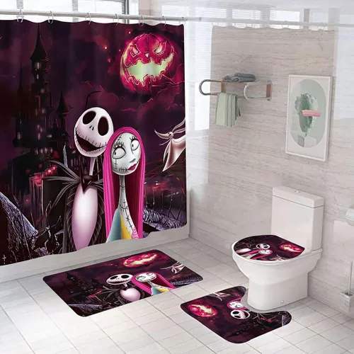 Miniatura 7 de Juego de 4 cortinas de ducha de Navidad para niños, decoración de Halloween con 12 ganchos de cortina para baño, impermeable, 71 x 71 pulgadas (D13)