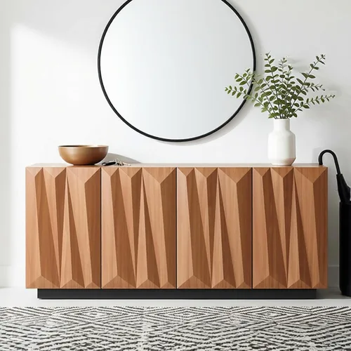 Aparador geométrico contemporáneo de 60 pulgadas con puertas triangulares 3D y base flotante, gabinete de almacenamiento de credenza de nogal claro