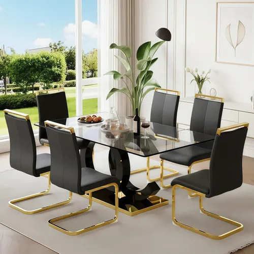 Miniatura 32 de Juego de mesa de comedor de cristal de 63 pulgadas para 6, juego de mesa de comedor moderno para 6, mesa de vidrio templado con patas negras