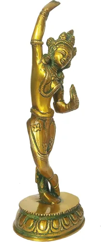 Miniatura 3 de Purpledip Latón Ídolo Reina Maya de Sakya, Madre de Gautam Buda: Estatua Vintage Acabado Oro (12155)