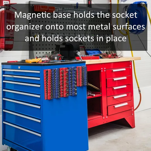 Miniatura 5 de Olsa Tools Portadados magnético, para dados métricos con cuadros de mando de 1/2 pulgada, color rojo, caben 19 dados, organizador de herramientas