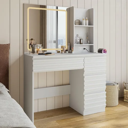 Escritorio estriado con espejo y luces HD, mesa de tocador de maquillaje de madera con 4 cajones y estantes abiertos, juego de tocador de mediados