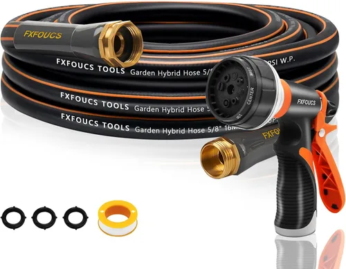 Miniatura 9 de Manguera de jardín resistente, manguera híbrida flexible y ligera de 5/8 pulgadas con presión de estallido de 600 PSI, mango giratorio y accesorios