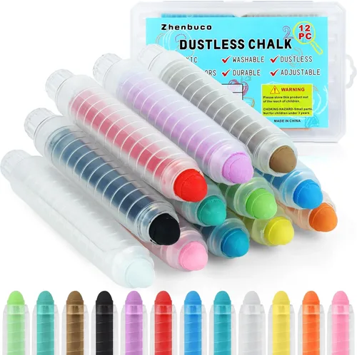 Tiza sin polvo para niños, 12 tizas de color no tóxicas para acera con soporte, para el regreso a clases, sin polvo, lavable, tiza para niños,