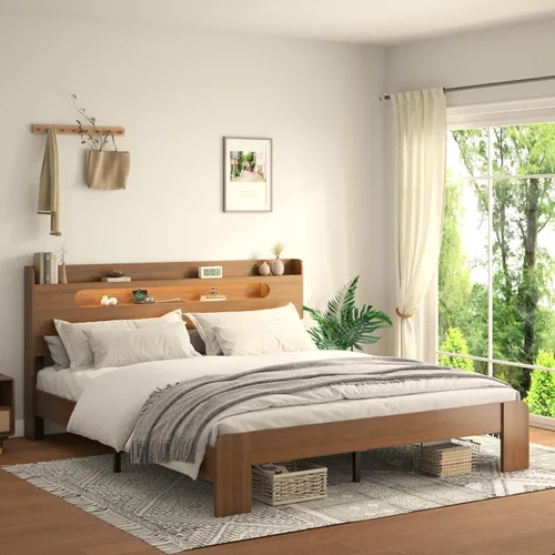 Miniatura 9 de Marco de cama tamaño completo de madera, cabecero con almacenamiento y estación de carga y luces LED, estructura robusta de granja rústica, fácil
