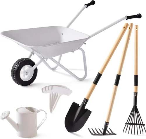 ROBUD Herramientas de jardinería para niños, juego de juguetes al aire libre con carretilla para niños, 9 piezas de carretilla de metal para niños,