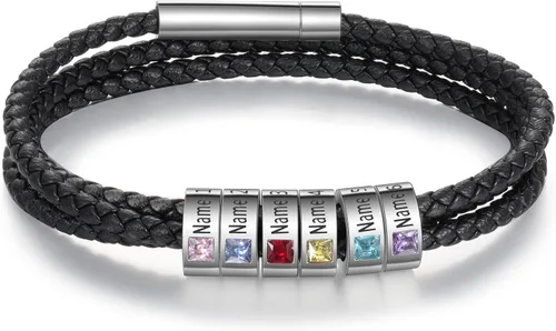 Miniatura 24 de Pulsera personalizada para el Día del Padre para hombre, pulseras personalizadas de cuero trenzado negro con cuentas grabadas de 1 a 8 nombres