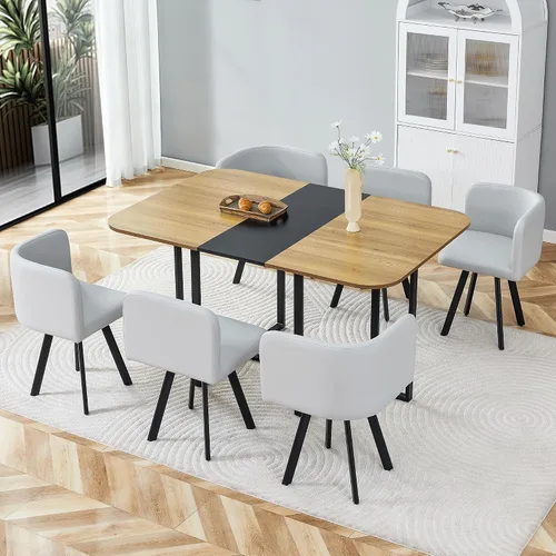 Miniatura 2 de Juego de mesa de comedor para 6, mesa de cocina de mármol y madera sintética de 60 pulgadas con 6 sillas de piel sintética, moderno juego de mesa
