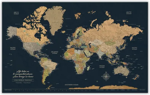 HolyCowCanvas Mapa del mundo personalizado sobre lienzo en tonos clásicos de tierra sobre fondo azul marino, tablero enmarcado de mapa del mundo,