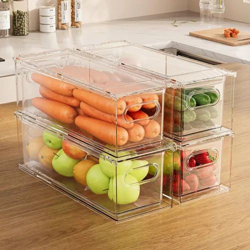 Miniatura 9 de Paquete de 4 contenedores organizadores de refrigerador con cajón extraíble, apilables, transparentes, organizadores de cajones de refrigerador