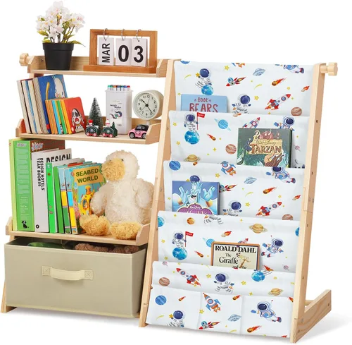 decalsweet Estantería infantil y organizador de almacenamiento de juguetes de madera 2 en 1 para niños pequeños, estante de 4 niveles con caja de