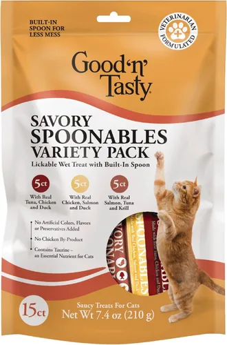 Miniatura 15 de Good 'n' Tasty Cucharas sabrosas con pato real, carne de res y conejo, tubo de 6 unidades, golosinas húmedas exprimibles de triple sabor para gatos