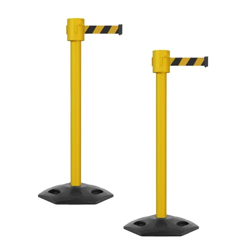 Montour Line MSR760 - Juego de 2 soportes retráctiles para barrera de cinturón, base de goma, poste amarillo (cinturón diagonal negro y amarillo de