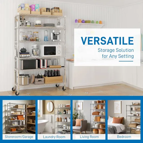 Miniatura 6 de Estantes de almacenamiento resistentes de 6 niveles - Estante de metal con estantes y ganchos ajustables - Estante de alambre comercial con patas