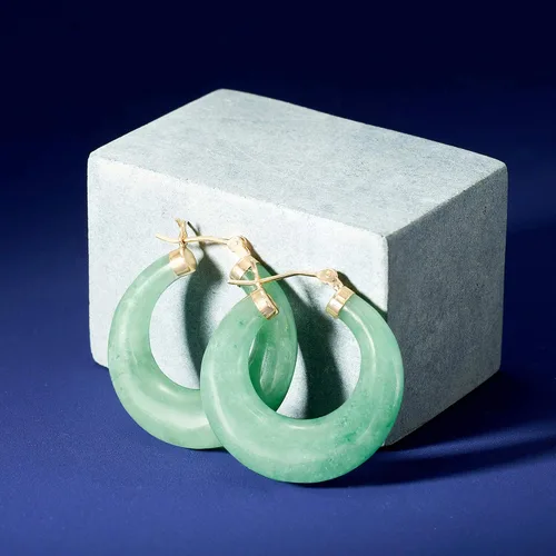 Miniatura 3 de Ross-Simons Aretes redondos de aro de piedras preciosas en oro de 14 quilates de 1 18 pulgadas, Gema, Jade