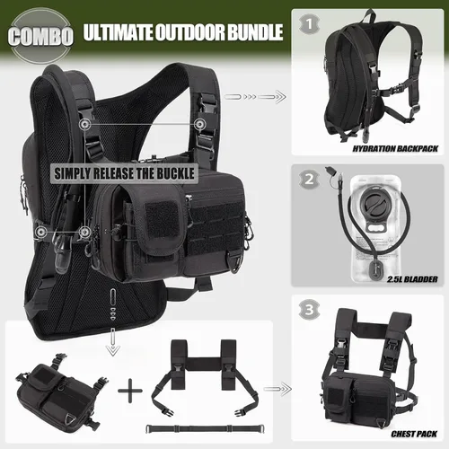 Miniatura 3 de Mochila convertible 2 en 1 para el pecho y mochila de hidratación con vejiga de 2.5 litros, chaleco de hidratación para mujeres y hombres, Negro
