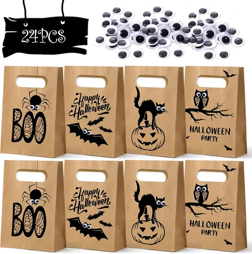 WEEPA 24 bolsas de golosinas de Halloween, bolsas de regalo de Halloween con calcomanías para ojos, bolsa de regalo de papel para dulce o truco,