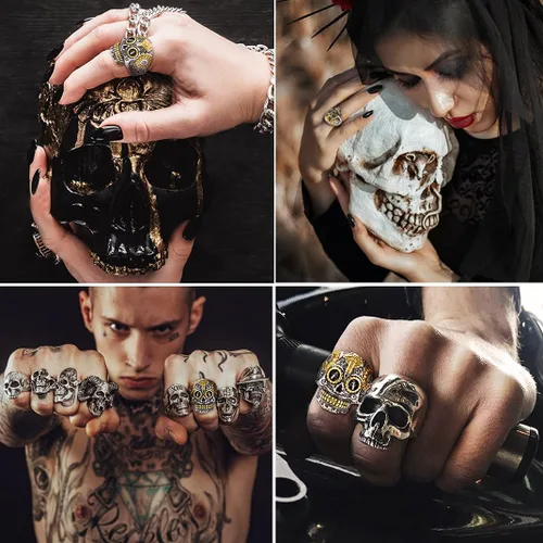 Miniatura 3 de Anillos de calavera de azúcar para hombres y mujeres, acero inoxidable de dos tonos, anillo de motociclista para hombre, joyería de Halloween