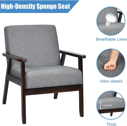 Miniatura 8 de Giantex Juego de 2 sillas decorativas modernas de mediados de siglo, sillón de tela retro, hecho de madera maciza, sillón tapizado de lino para sala