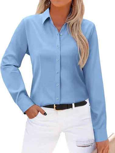 Miniatura 25 de Gleeivy - Camisas abotonadas para mujer, sin arrugas, de manga larga, camisas de vestir casuales con cuello V, ajustadas, de un solo