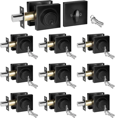 Miniatura 15 de Cerradura cuadrada de un solo cilindro moderno con llaves, cerrojo negro mate para entrada de puerta delantera, cerradura de seguridad de puerta