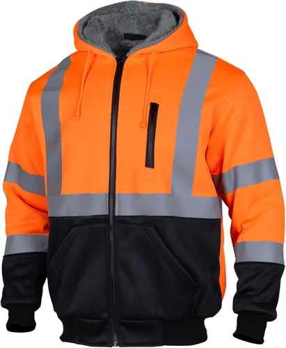 Miniatura 13 de VENDACE Sudadera con capucha para hombre, ANSI Clase 3, alta visibilidad, reflectante, de lana, con cremallera, con parte inferior negra (negro, 3XL)