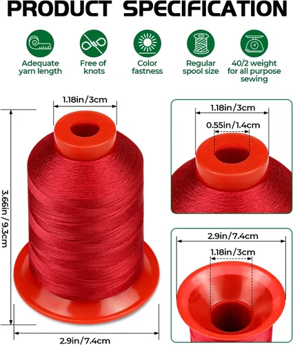 Miniatura 2 de Hilo de tapicería extra fuerte FIVEIZERO, hilo de nailon unido rojo de 1000 metros para denim, cuero, manualidades, máquina, bricolaje y hogar