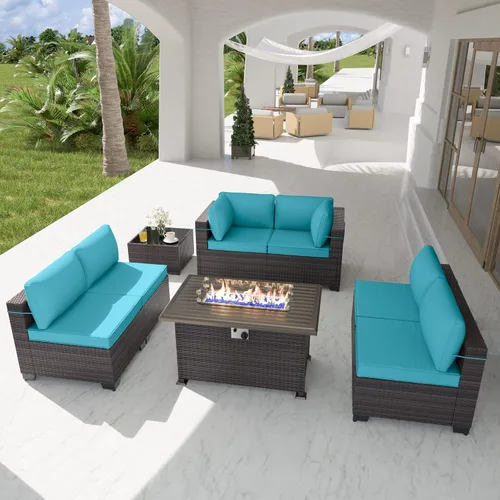Miniatura 9 de Kurapika juego de muebles de patio 4 piezas de mimbre al aire libre, sillas de ratán, juego informal con mesa de café, juego de bistró con mecedora