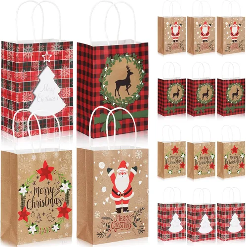 Miniatura 7 de Resholder 48 Piezas Bolsas de Papel Kraft de Regalo de Navidad a Granel con Asas Bolsas de Dulces Navideñas Reutilizables para Regalos Suministros