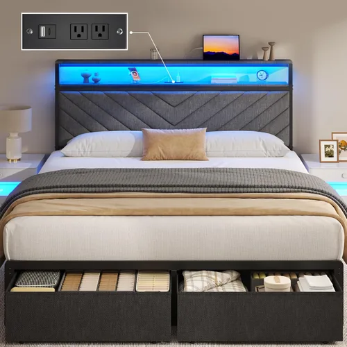 Fluest Base de cama Queen con 2 cajones, cabecera tapizada con estación de almacenamiento y carga, luces LED, cajones de tela con ruedas,