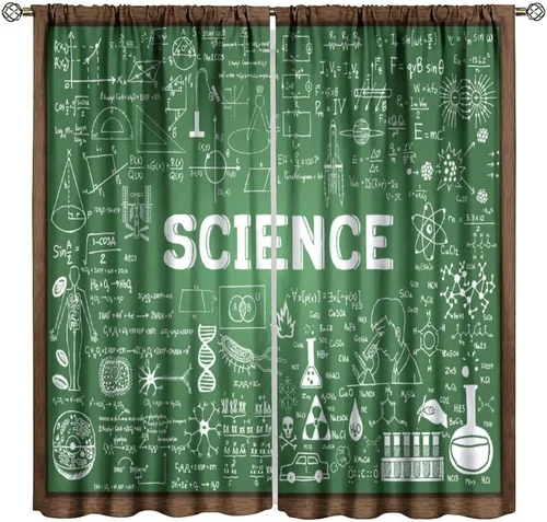 Miniatura 34 de Cortinas opacas para ventanas de ciencia para niños, lupa de libro de laboratorio de ciencia, lupa, frascos moleculares, cortinas impresas