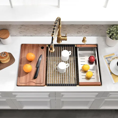 Miniatura 2 de Fregadero de cocina dorado de 32 x 19 pulgadas, acero inoxidable de calibre 16, fregadero de cocina dorado de 10 pulgadas de profundidad, incluye