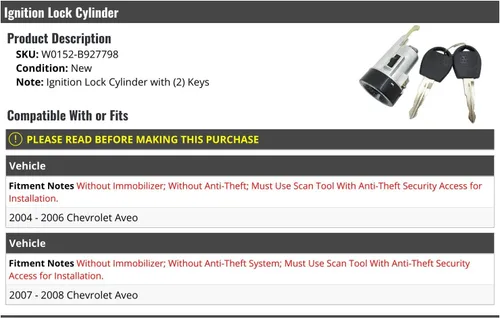 Marketplace Auto Parts Cilindro de bloqueo de encendido con llaves, compatible con Chevy Aveo 2004-2008 (sin inmovilizador y antirrobo)